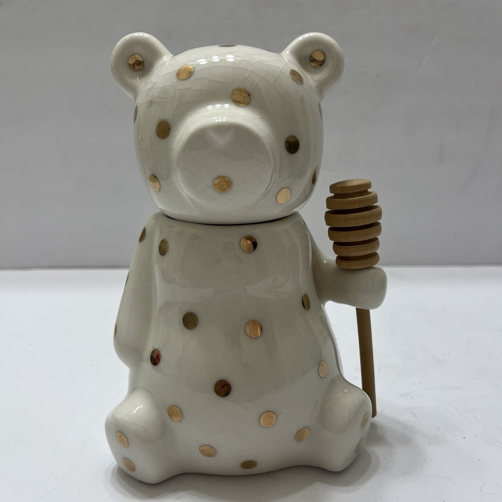 Pippa & Hadley Ceramic Bear-Shaped Honey Jar White Crackle Glaze Gold Polka Dots